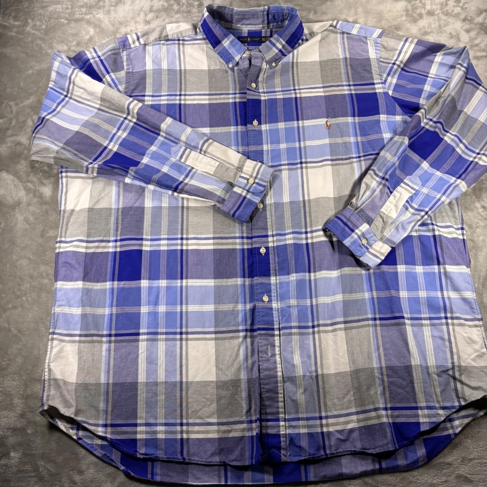 Ralph Lauren Mens 3XLT Plaid Button Down Shirt Blue White Grey Tall Oxford